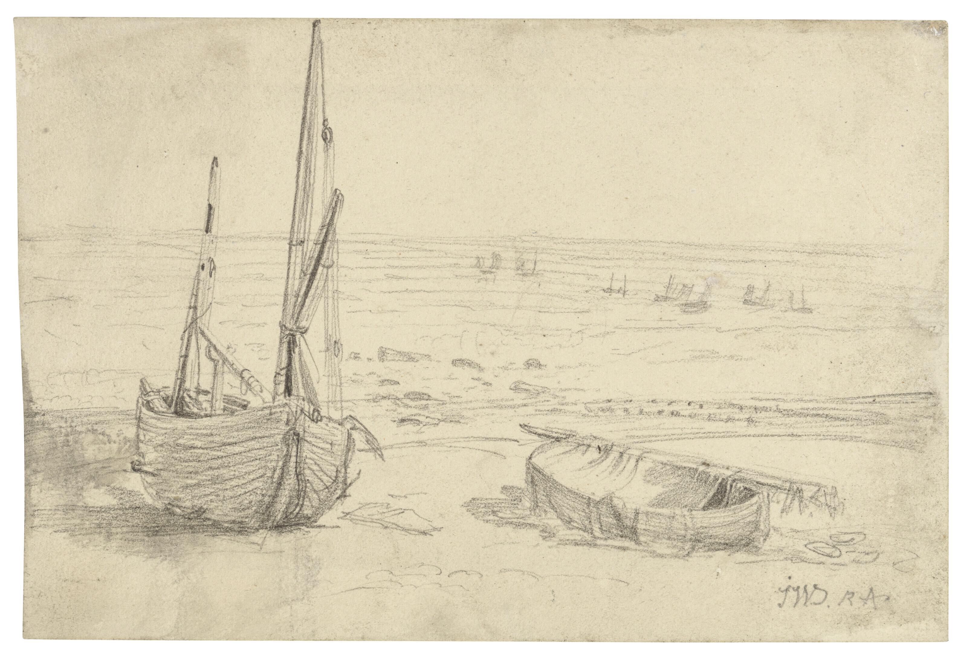 James Ward, R.A. - Fishing boats on a beach at low tide