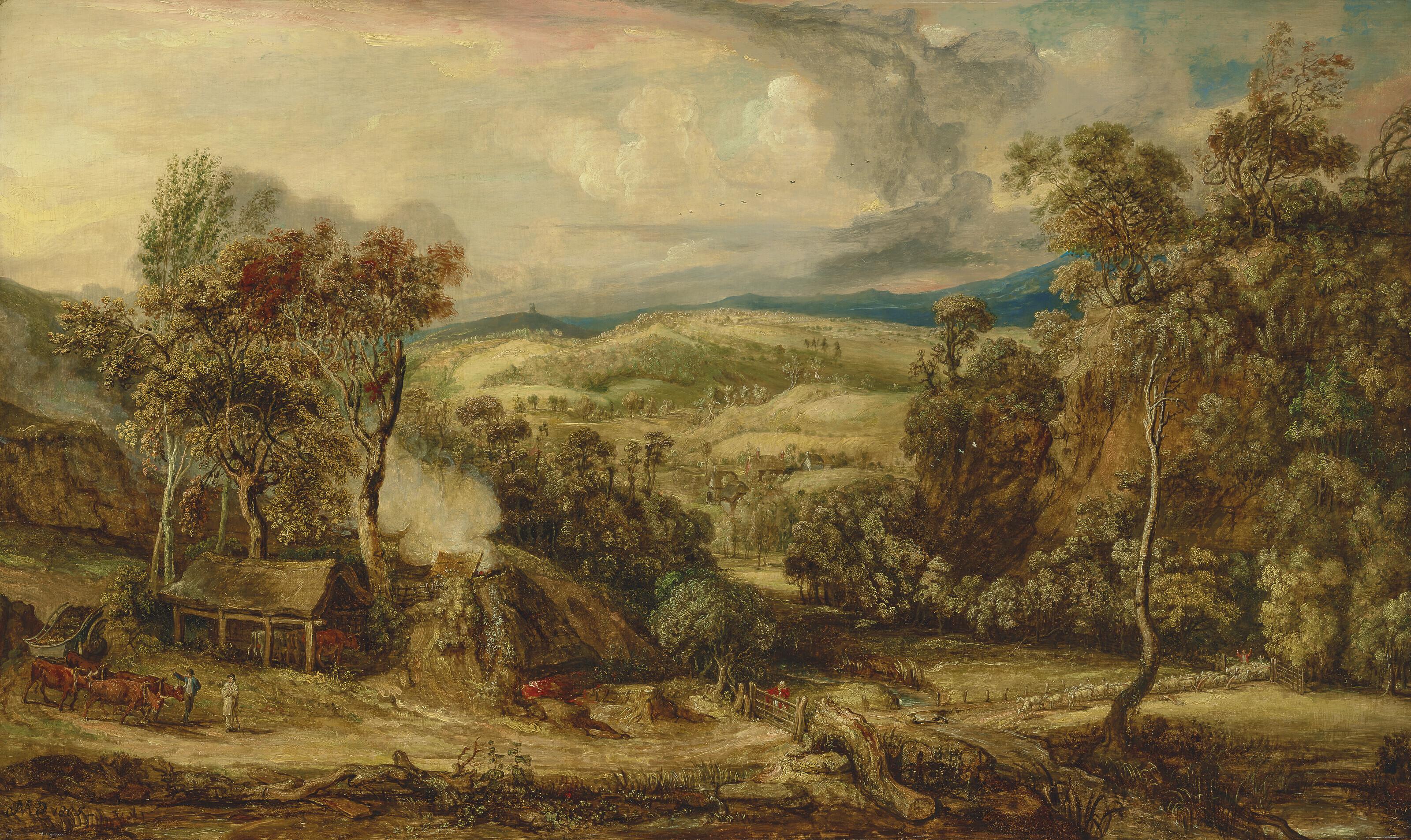 James Ward, R.A. - Fitzhead in Somerset, with an ox-cart near a lime kiln, and Glastonbury Tor in the distance