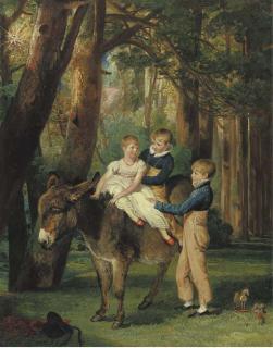 James Ward, R.A. - Group Portrait of John, Theophilus and Frances Levett, full-length, the younger two seated on a donkey, in a wooded landscape