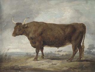 James Ward, R.A. - Portrait of an ox in a landscape with a figure and two oxen in the distance