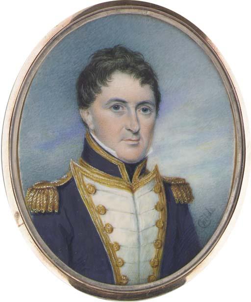 James Warren Childe - Admiral John Jarvis Tucker, in dress uniform of blue coat with gold-bordered white facings and gold epaulettes; sky background