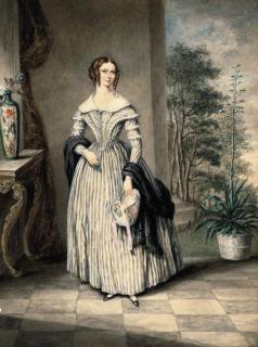 James Warren Childe - Portrait of a girl holding a bonnet in her left hand, standing in an interior, a garden beyond