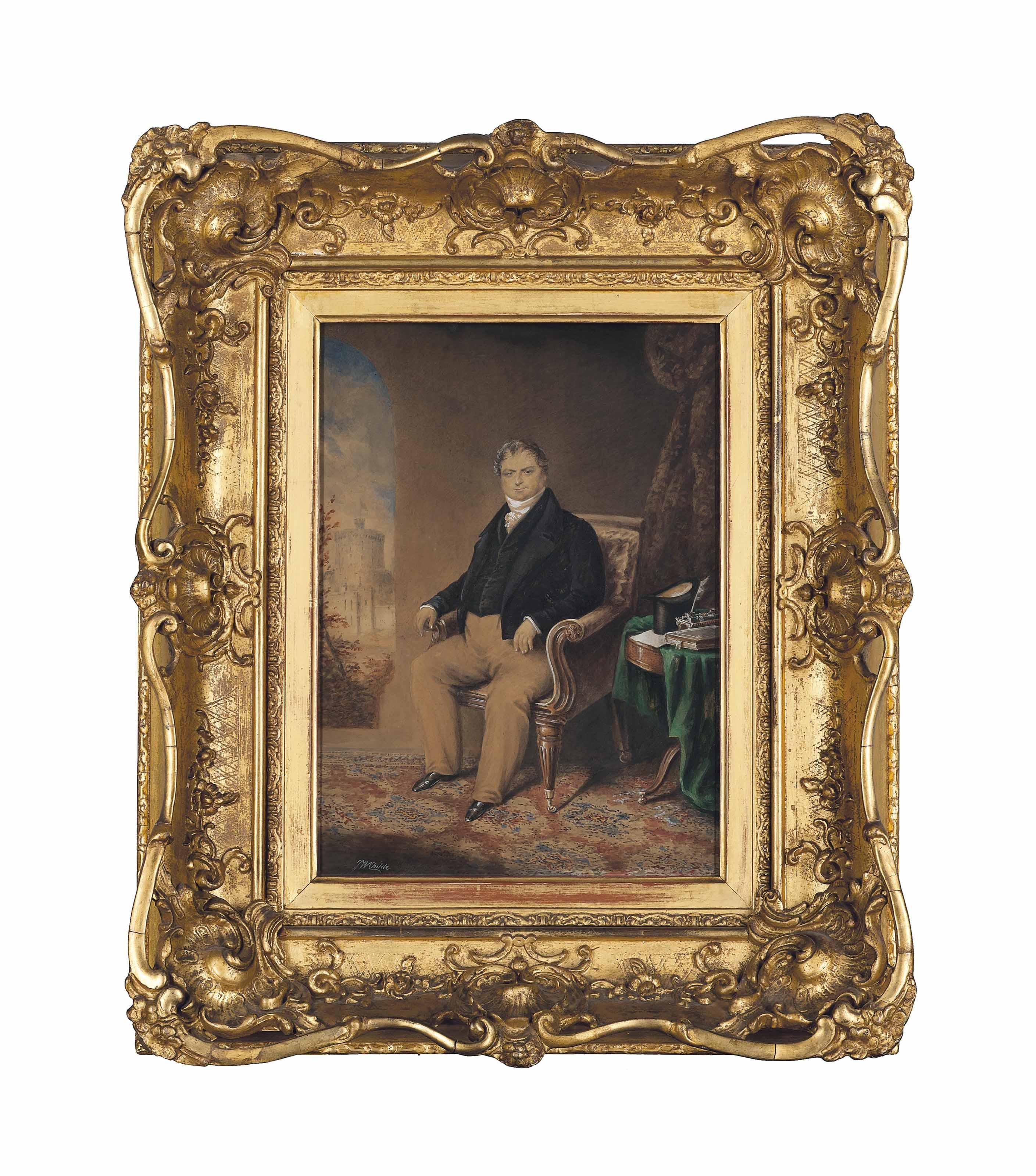 James Warren Childe - Portrait of Philip Nowell (c.1806-1853), seated in an interior, with Windsor Castle beyond