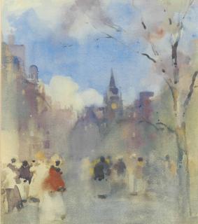 James Watterson Herald, R.S.W. - Figures on the Royal Mile, Edinburgh with St. Giles\' Cathedral in the distance