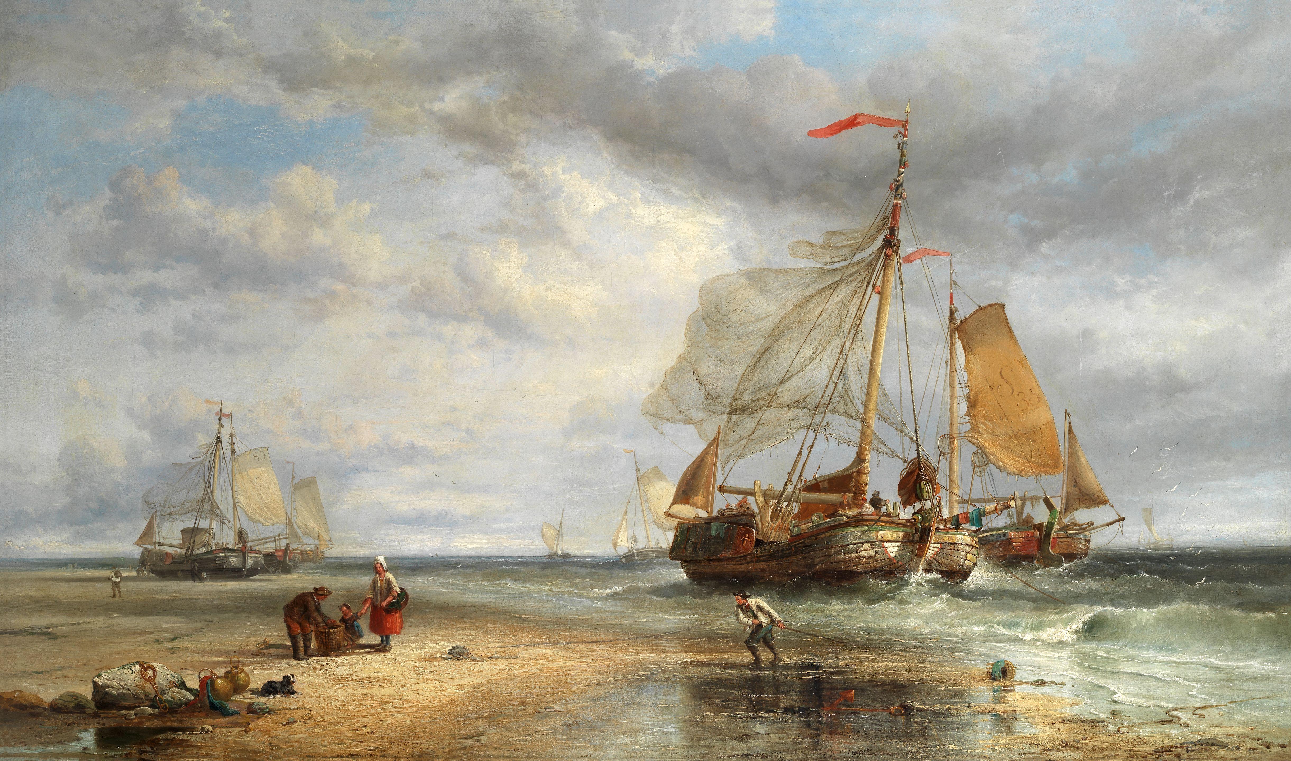 James Webb - A beach scene with fisherfolk and fishing boats with their nets being dried