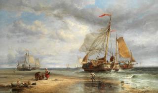 James Webb - A beach scene with fisherfolk and fishing boats with their nets being dried