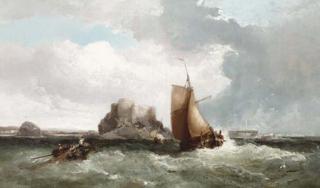 James Webb - A coastal scene with fishing boats and a dinghy, rough seas offshore