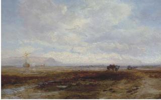 James Webb - A marshy landscape with a beached boat in the distance