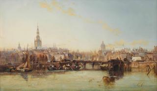 James Webb - A view of the Damrak with the townhall, the Nieuwe Kerk and the Oude Kerk, Amsterdam