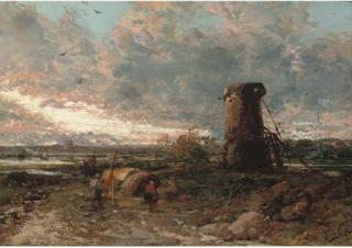 James Webb - Figures by a windmill, sunset