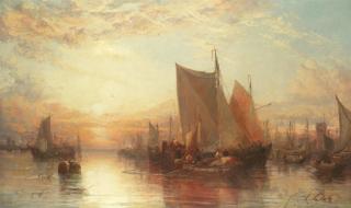 James Webb - Fishing boats and shipping in Rotterdam in an evening calm