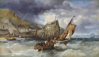 James Webb - Fishing boats in a heavy swell off a jetty