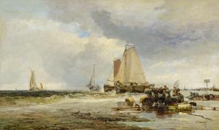 James Webb - Holländische Küste mit anlandenden Booten und zahlreichen Fischern.