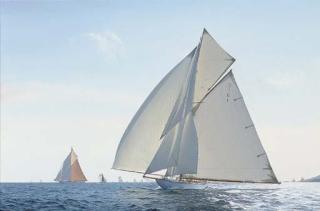 Jamie Medlin - Régates Royales, Cannes, 2006:  Mariquita running downwind to the finish, in an afternoon sea-breeze, with Lulworth beyond