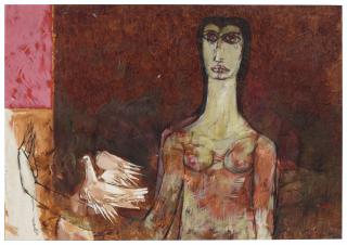 Jamil Naqsh - Untitled (Woman And Pigeon)