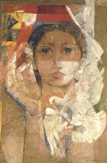Jamil Naqsh - Untitled (Woman with Doves)