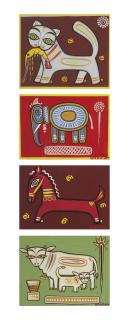 Jamini Roy - Untitled (Cat With Shrimp, Elephant, Horse, Cow And Calf)