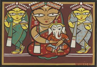 Jamini Roy - Untitled (Parvati And Ganesh With Attendants)