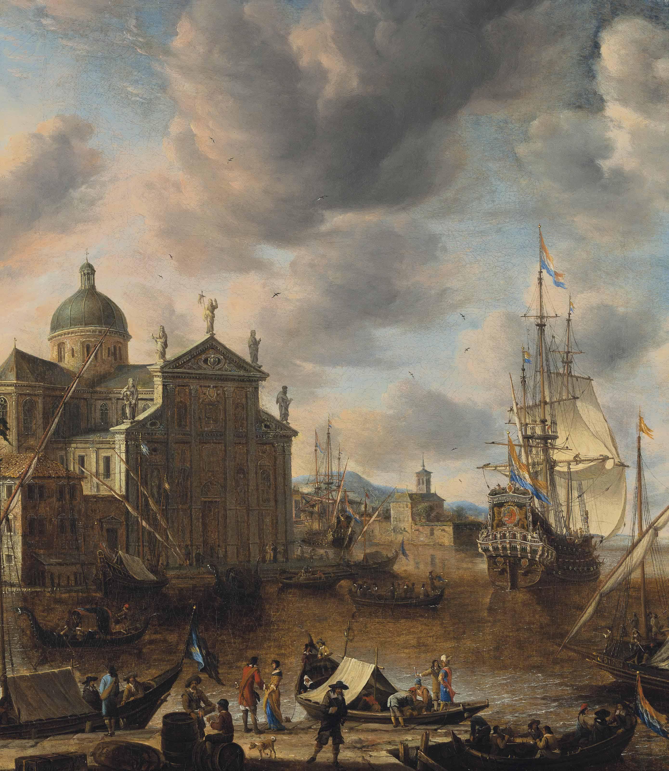 Jan Abrahamsz. Beerstraaten - A Mediterranean \'Capriccio\' Harbour With Figures Conversing On A Quay And A Dutch Three-Master Mooring Beyond