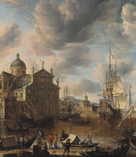 Jan Abrahamsz. Beerstraaten - A Mediterranean \'Capriccio\' Harbour With Figures Conversing On A Quay And A Dutch Three-Master Mooring Beyond