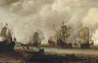 Jan Abrahamsz. Beerstraaten - A naval battle between Dutch and Spanish men o\'war