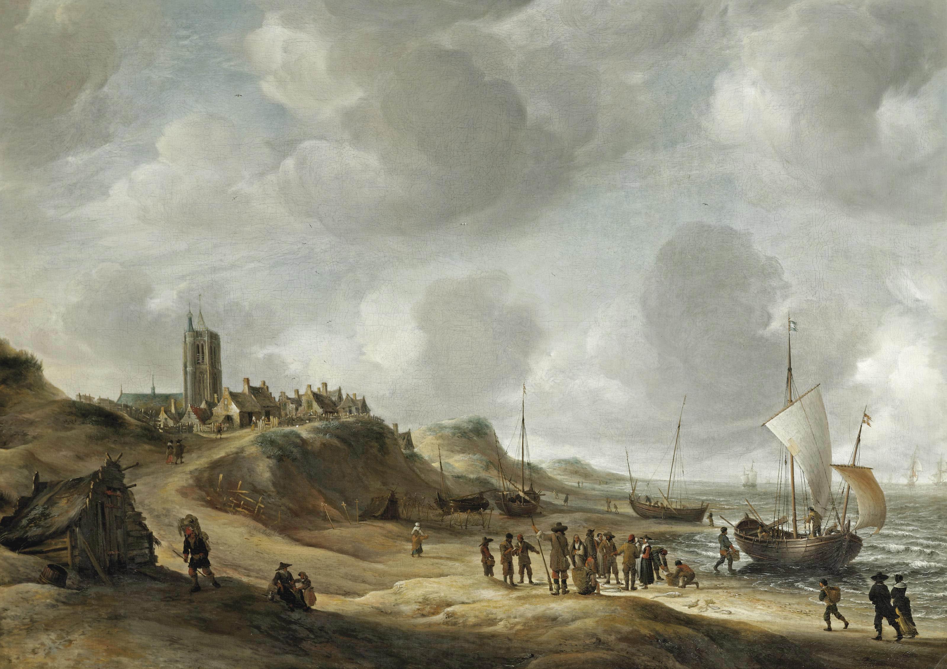 Jan Abrahamsz. Beerstraaten - A view of Egmond aan Zee with fisherfolk on the beach and shipping offshore