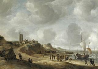Jan Abrahamsz. Beerstraaten - A view of Egmond aan Zee with fisherfolk on the beach and shipping offshore