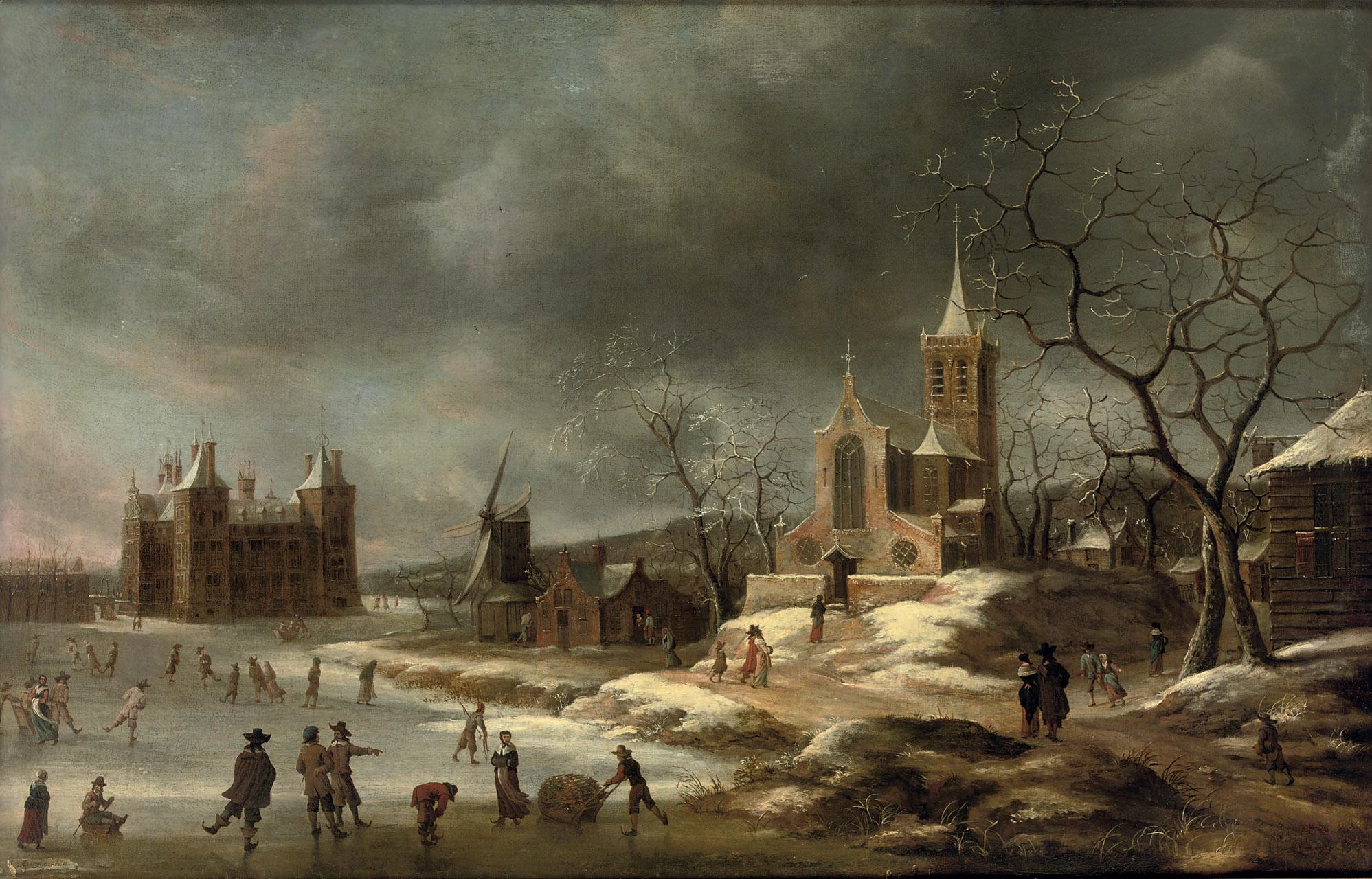 Jan Abrahamsz. Beerstraaten - A winter landscape with activities on the ice near Castle Buren, in Gelderland