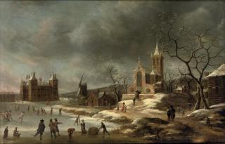 Jan Abrahamsz. Beerstraaten - A winter landscape with activities on the ice near Castle Buren, in Gelderland