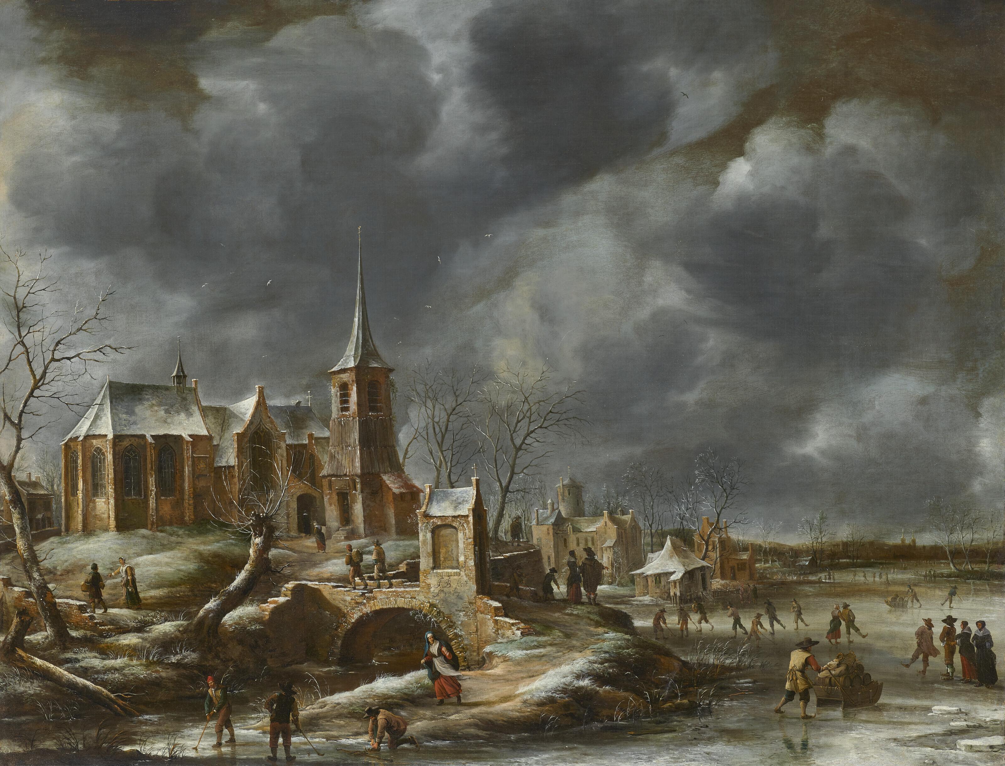 Jan Abrahamsz. Beerstraaten - A Winter Landscape With Figures Skating And Playing Kolf On A Frozen River Before A Church