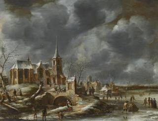 Jan Abrahamsz. Beerstraaten - A Winter Landscape With Figures Skating And Playing Kolf On A Frozen River Before A Church