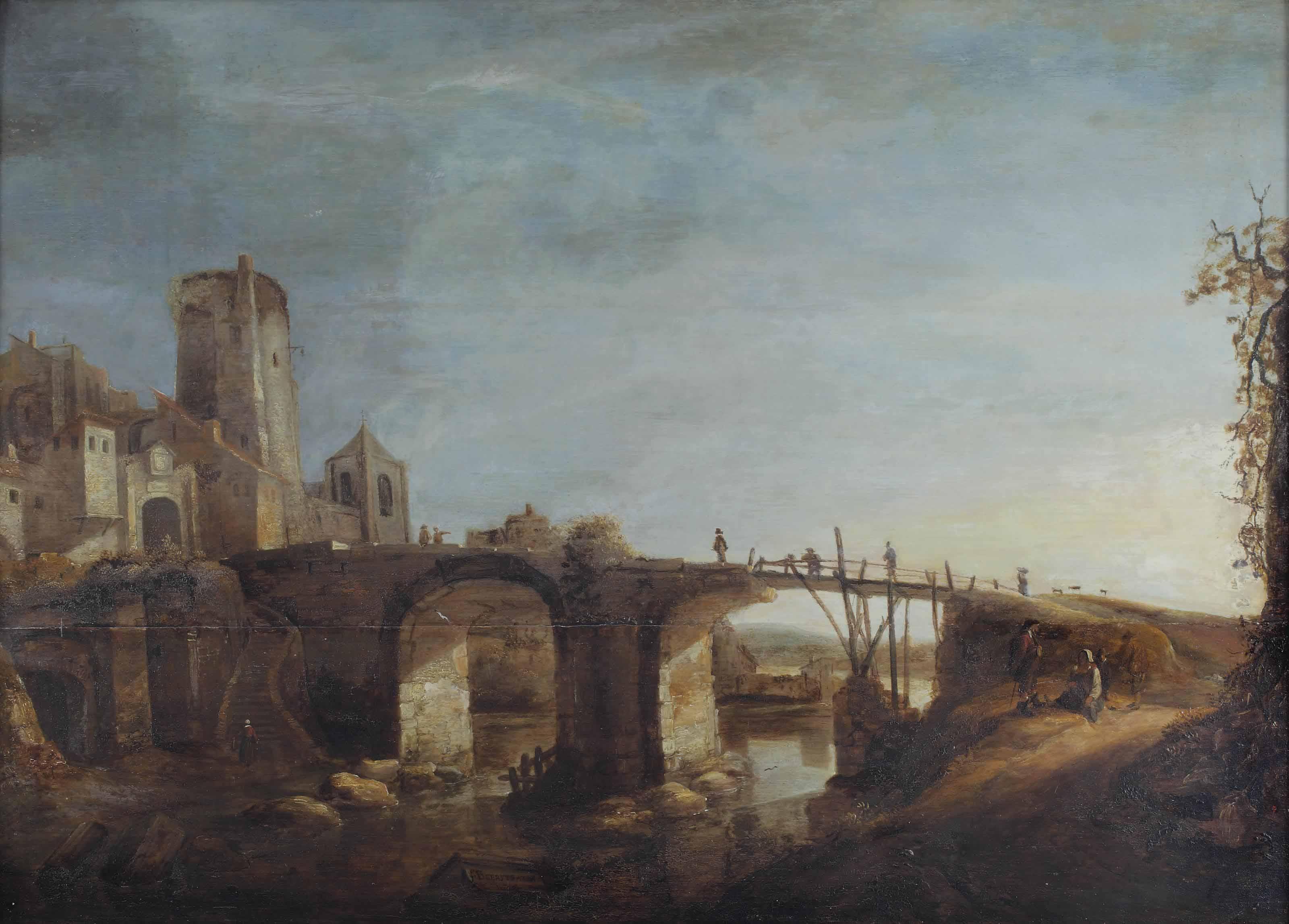 Jan Abrahamsz. Beerstraaten - An Italianate River Landscape With Figures Resting Near A Bridge, A Town On The Left Bank