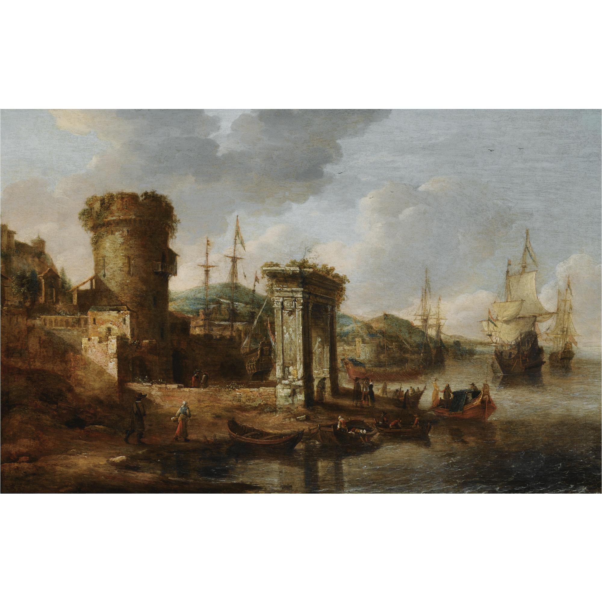 Jan Abrahamsz. Beerstraten - A Capriccio Of A Mediterranean Harbour With Elegant Figures Embarking A Boat, A Roman Triumphal Arch, And Dutch Men-Of-War Beyond
