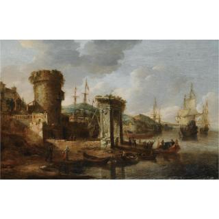 Jan Abrahamsz. Beerstraten - A Capriccio Of A Mediterranean Harbour With Elegant Figures Embarking A Boat, A Roman Triumphal Arch, And Dutch Men-Of-War Beyond