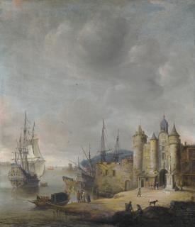 Jan Abrahamsz. Beerstraten - A Harbour Scene With A Man-Of-War And Other Shipping, Figures Conversing On The Shore