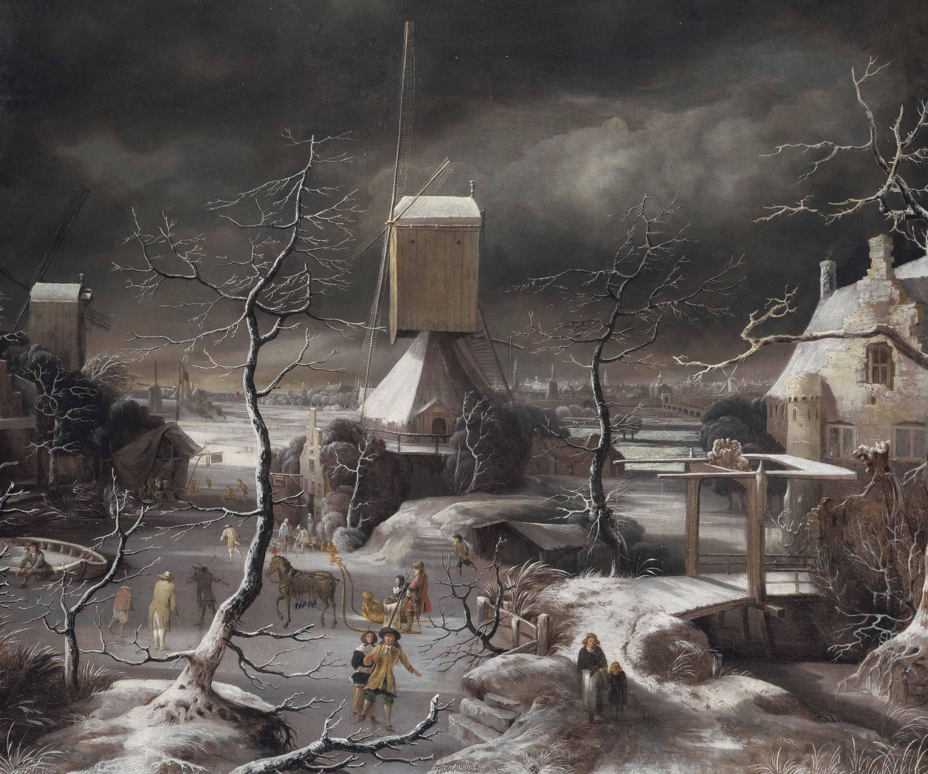 Jan Abrahamsz. Beerstraten - A Winter Landscape With A Horse-Drawn Sledge, Skaters And Golfers On A Frozen Waterway By A Windmill, Amsterdam And The Ij Beyond