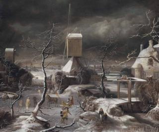 Jan Abrahamsz. Beerstraten - A Winter Landscape With A Horse-Drawn Sledge, Skaters And Golfers On A Frozen Waterway By A Windmill, Amsterdam And The Ij Beyond