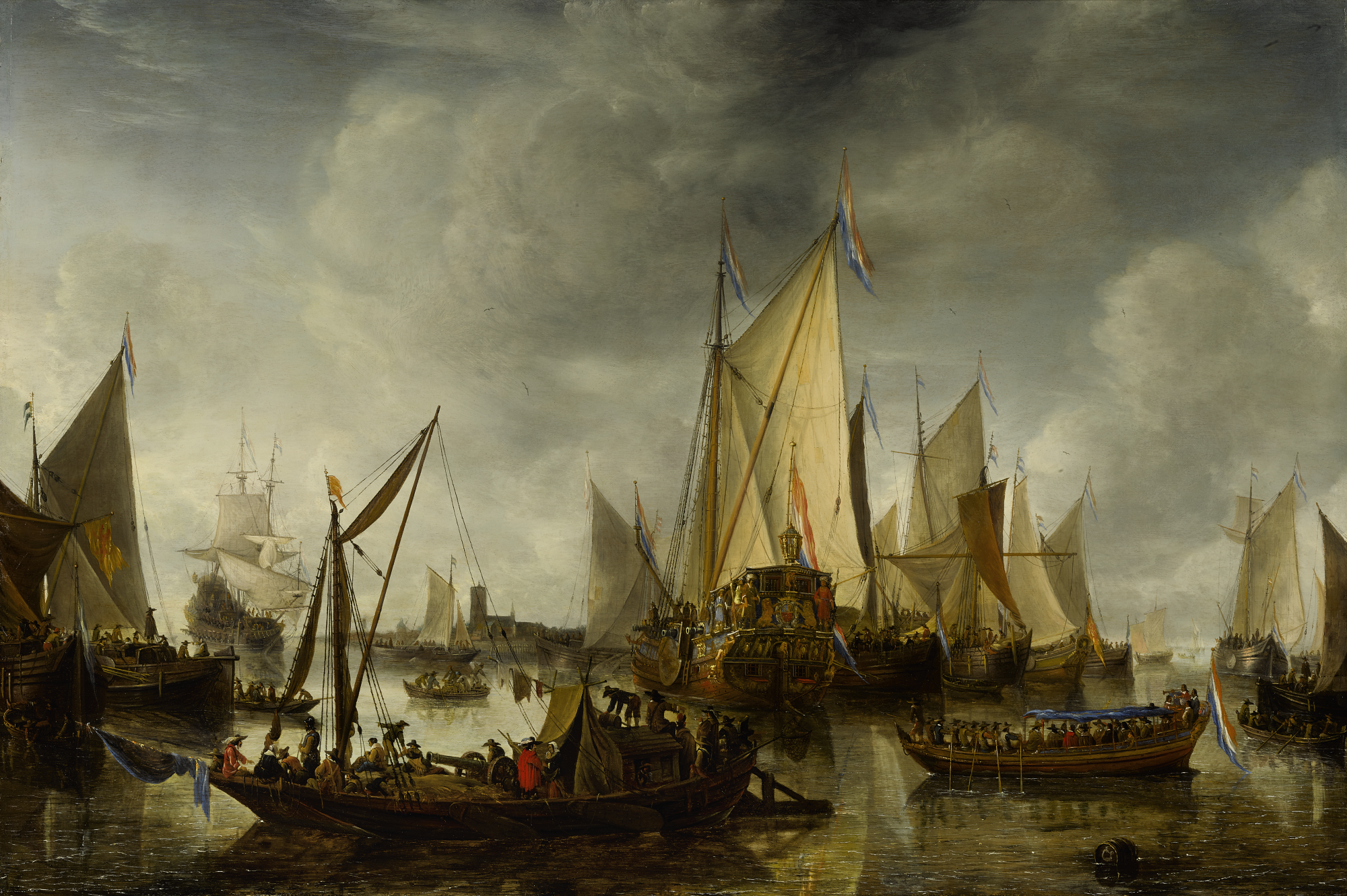 Jan Abrahamsz. Beerstraten - Dutch Ships At Anchor In A Calm Harbor, With Dignitaries In A Barge Approaching The Royal Yacht Of Prince William Ii, And A Ferry Transporting A Cannon In The Foreground