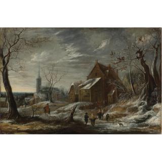 Jan Abrahamsz. Beerstraten - Winter Landscape With Figures And A Town In The Distance