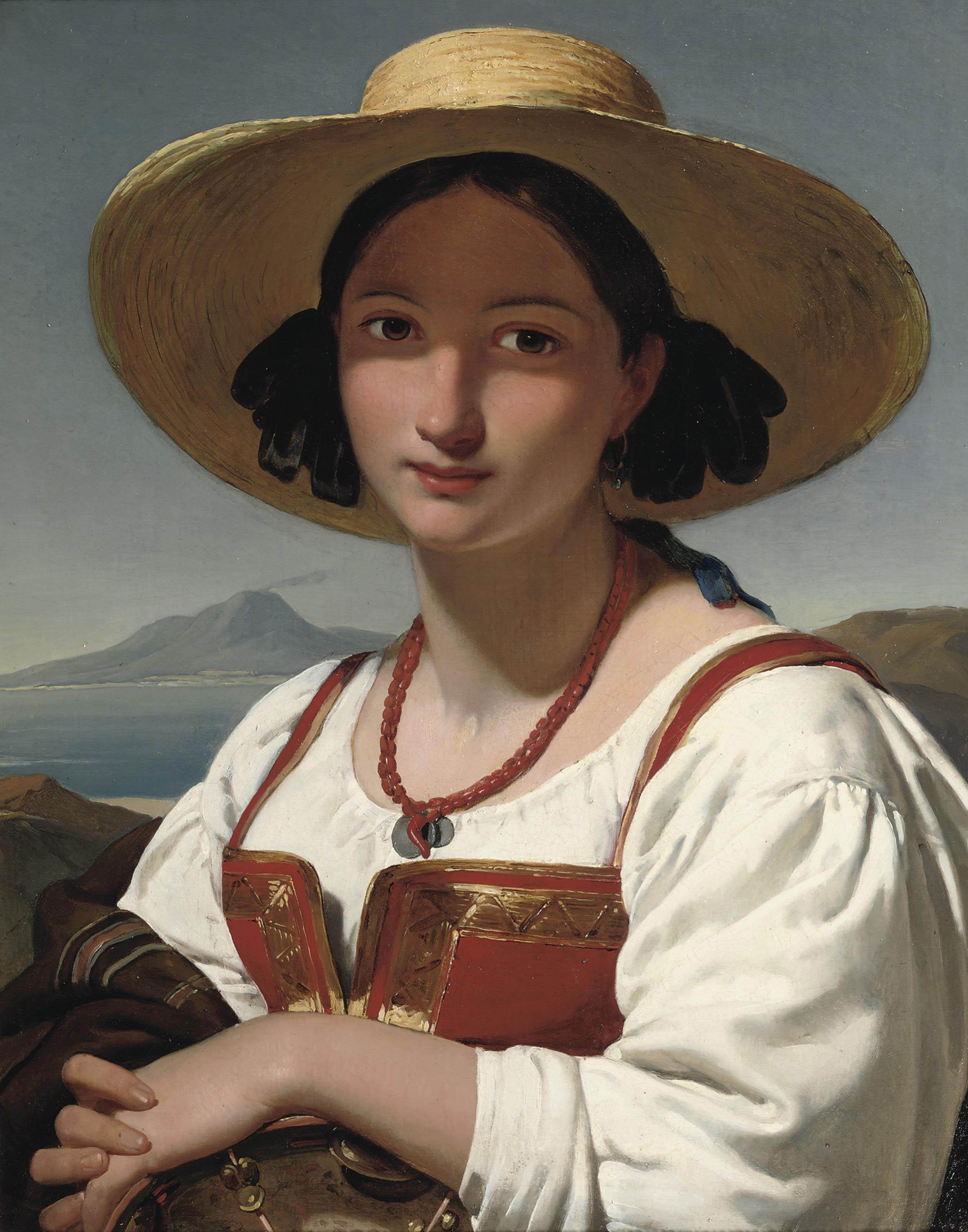 Jan Adam Kruseman - Portrait of a Neapolitan girl, with the Vesuvius in the distance