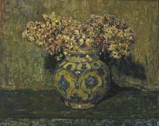 Jan Adam Zandleven - A still life with flowers in a blue and white vase