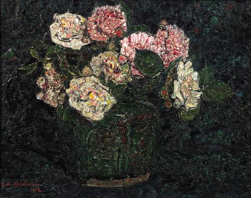 Jan Adam Zandleven - A Still Life With Flowers In A Ginger Jar