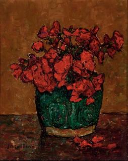 Jan Adam Zandleven - A still life with red flowers in a green vase
