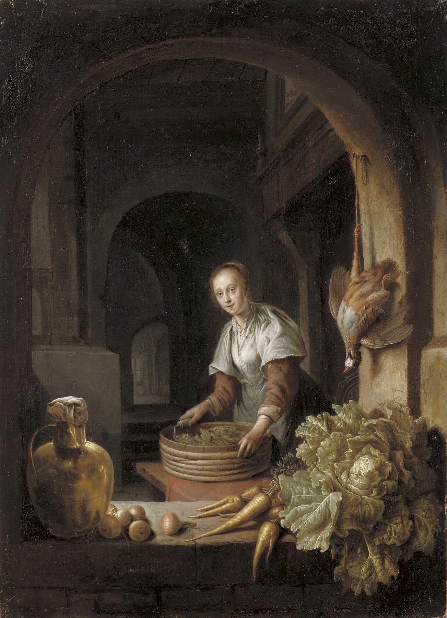 Jan Adriaensz. van Staveren - A maid preparing vegetables in a kitchen