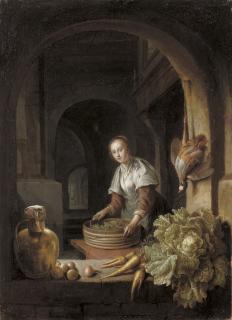 Jan Adriaensz. van Staveren - A maid preparing vegetables in a kitchen