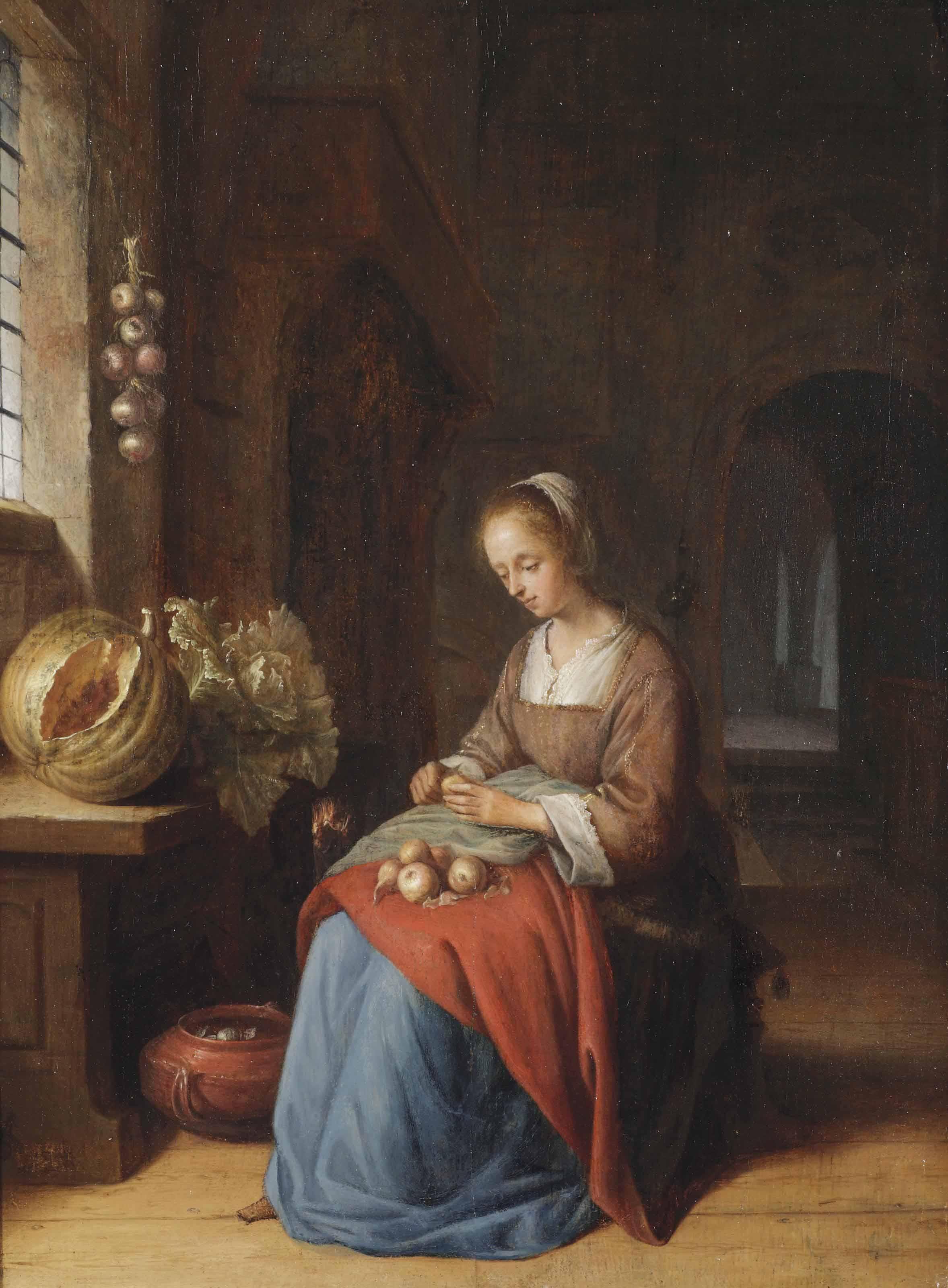 Jan Adrianensz. van Staveren - A young woman preparing vegetables in a kitchen