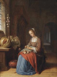 Jan Adrianensz. van Staveren - A young woman preparing vegetables in a kitchen