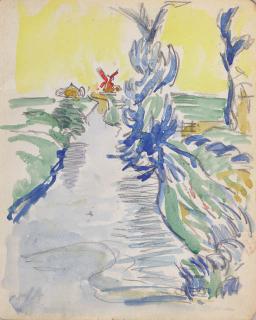 Jan Altink - A ditch leading to a red windmill