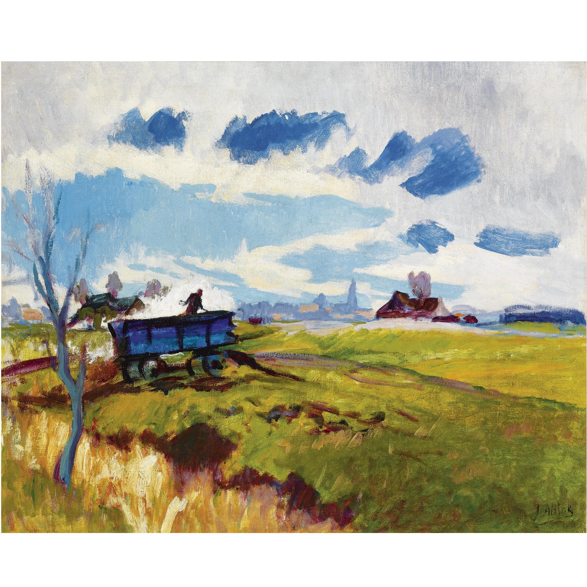 Jan Altink - Gronings Landschap Met Blauwe Kar