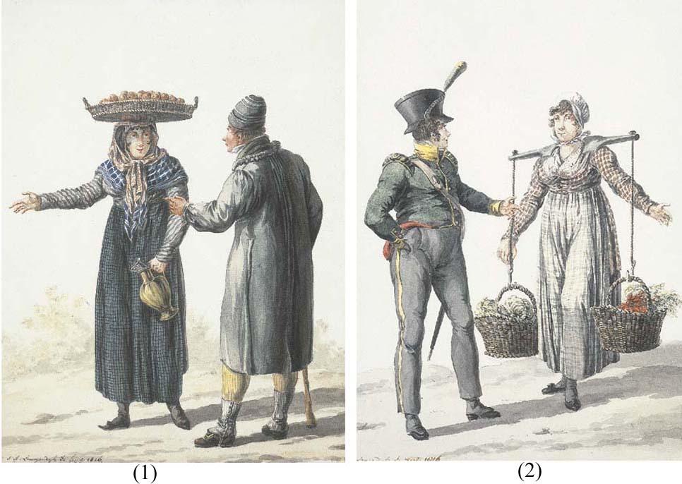 Jan Anthonie Langendyck - Un homme en guêtres parlant à une femme revenant du marché avec un plateau de pommes; et Un soldat parlant à une femme revenant du marché avec des salades et des radis